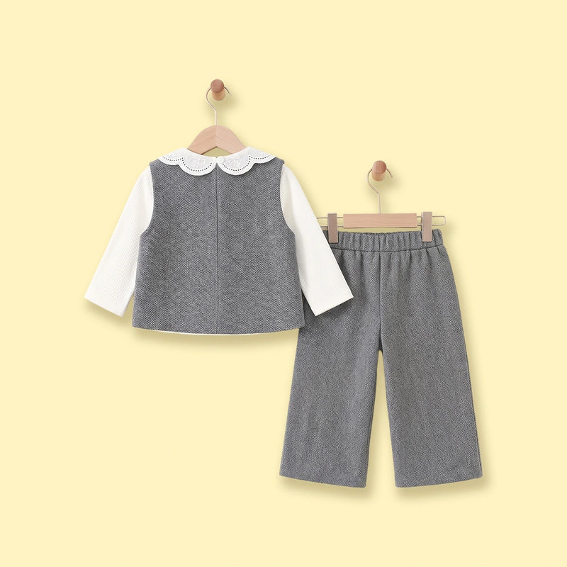 Girls Grey Textured Vest & Pants With Eyelet Collar Top Sets Sets