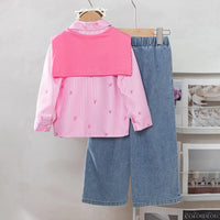 Girls Pink Stripes Long Sleeves Shirt & Scarf With Bow Embroidered Denim Pants Sets