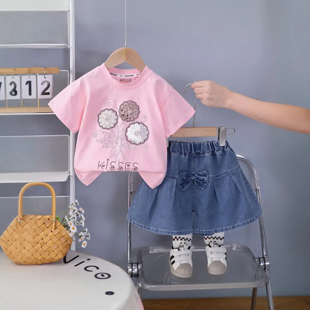 Girls Pink Flower Embellished T-Shirt With Denim Shorts Sets Sets Pink 1-2 Y