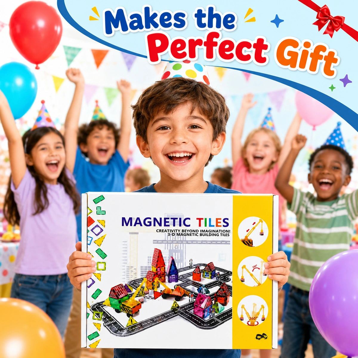 Multicolour 3D Magnetic Tiles Construction Vehicle Set with Road Tracks Trending Accessories