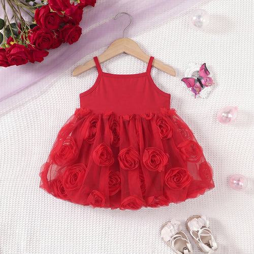 Girls Red Sleeveless Floral Applique Balloon Dress Casual Dresses