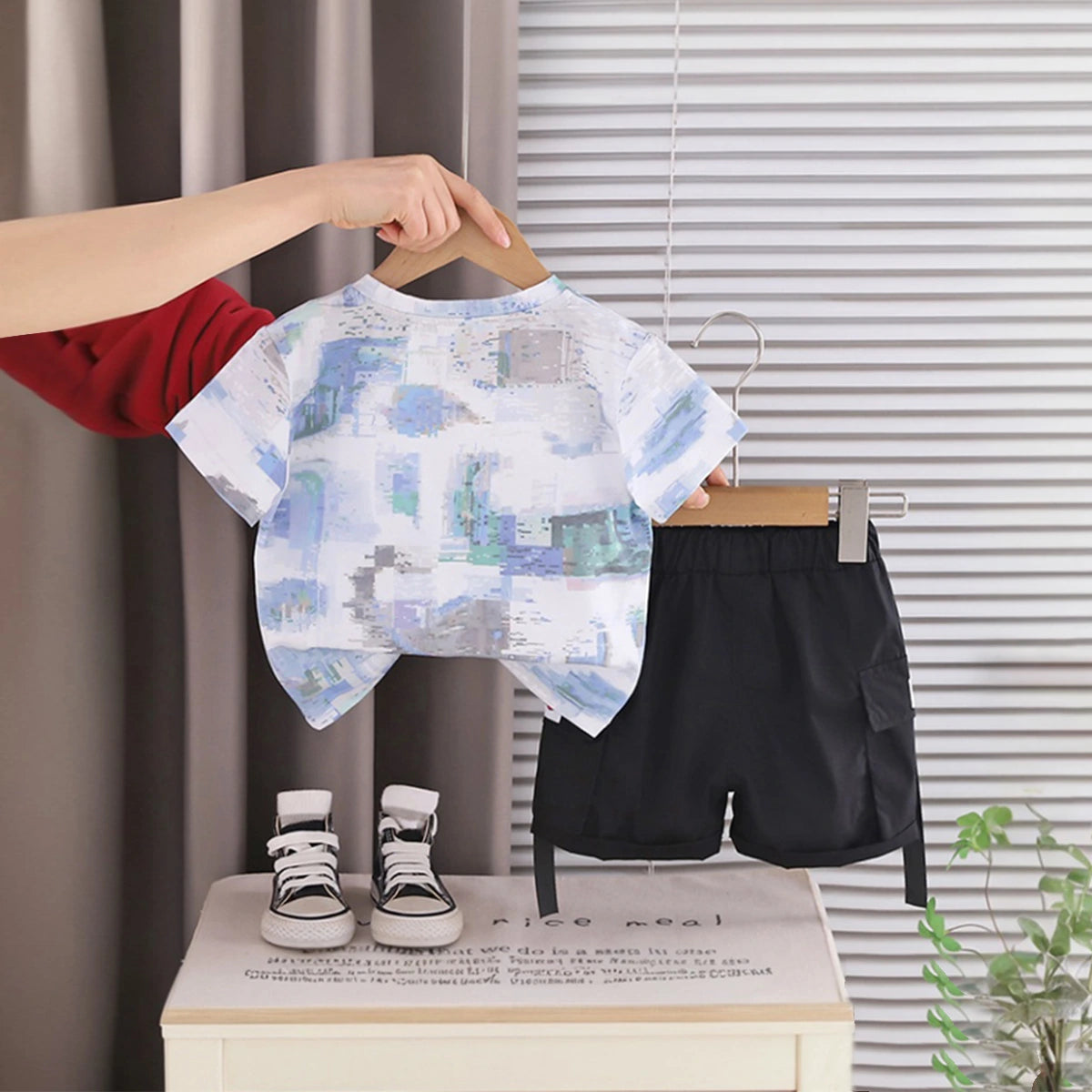 Boys Light Blue Smiley Printed Short Sleeve T-Shirt With Elasticated Shorts Sets 2 pc. Sets
