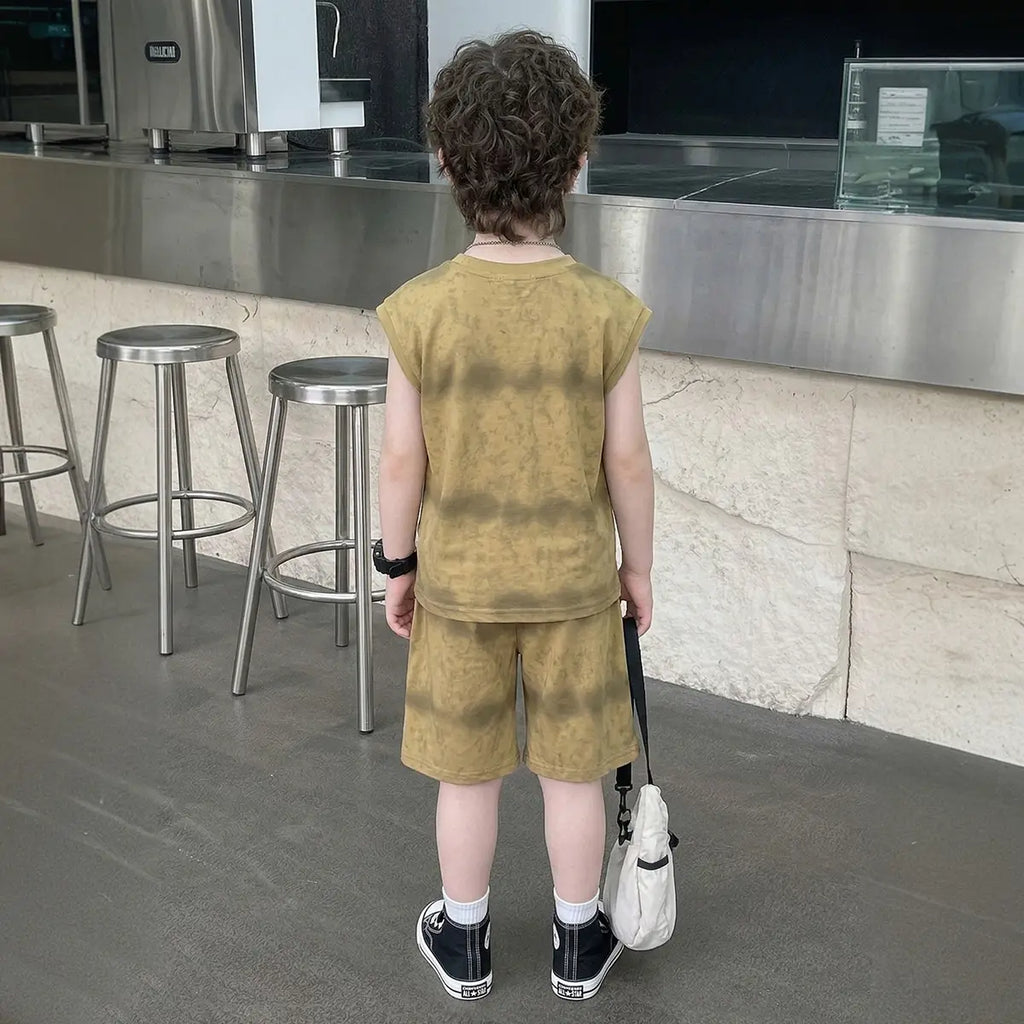 Boys Khaki Tie Dye Print Sleeveless T-Shirt & Shorts Co-ord Sets Sets