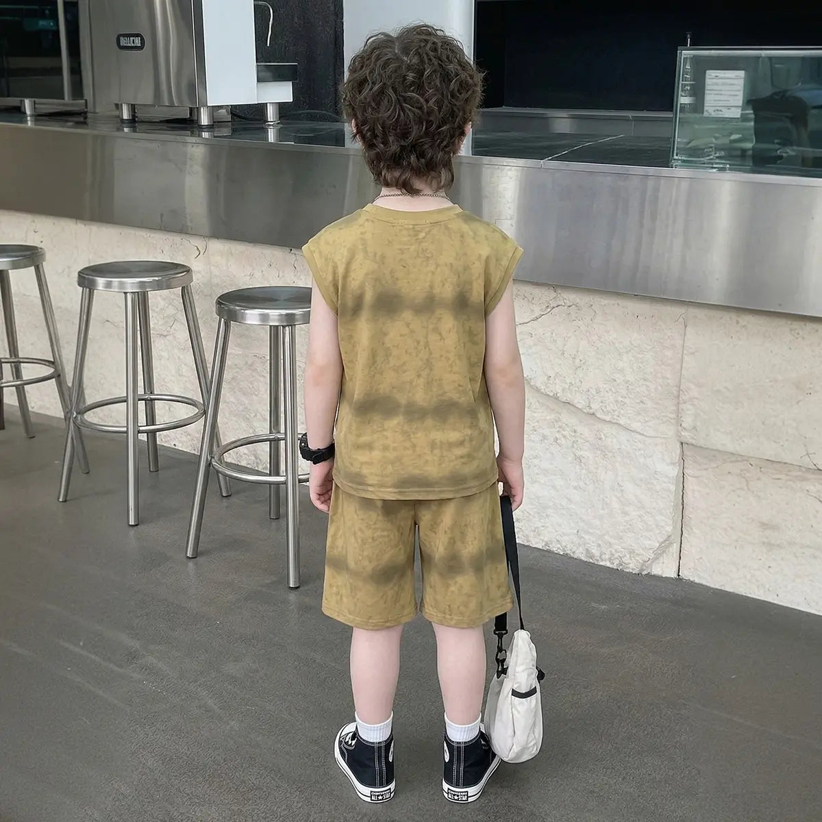 Boys Khaki Tie Dye Print Sleeveless T-Shirt & Shorts Co-ord Sets Sets