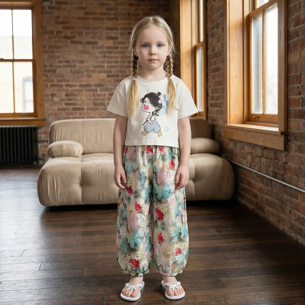 Girls Off White Graphics Top With Floral Printed Crop Pants Set Sets Off White 3-4 Y
