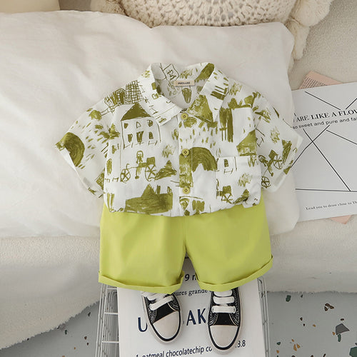 Boys Abstract Printed Short Sleeves Shirt With Green Shorts Set 2 pc. Sets Green 1-2 Y