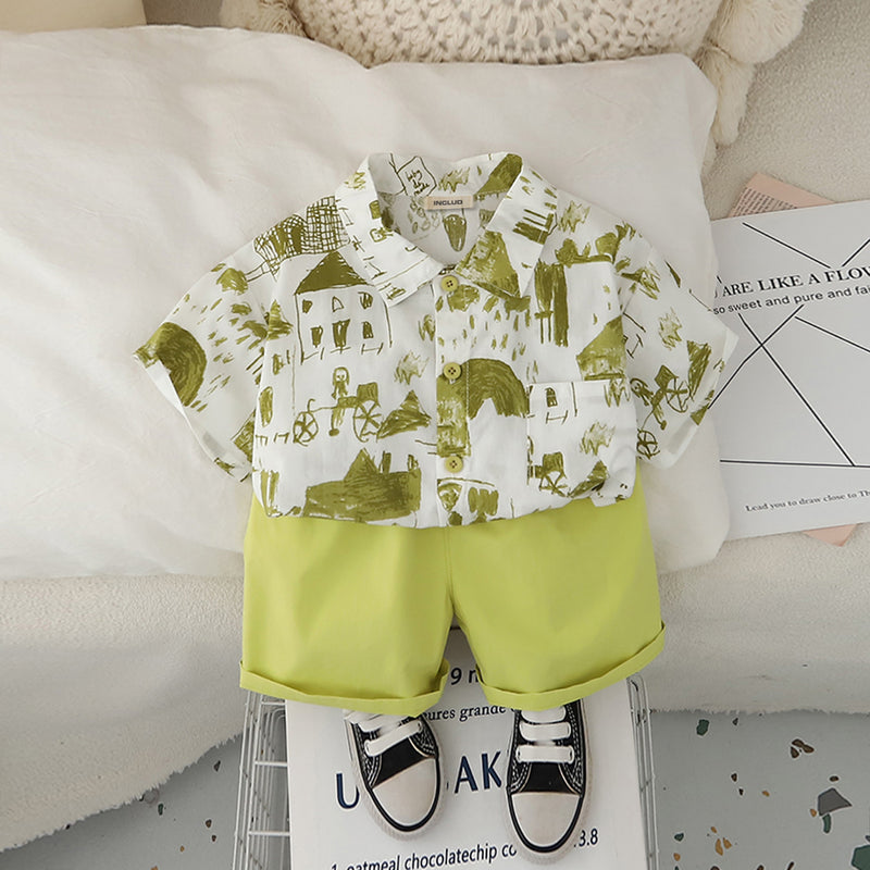 Boys Abstract Printed Short Sleeves Shirt With Green Shorts Set 2 pc. Sets Green 1-2 Y