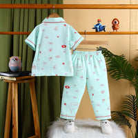 Girls Sky Blue Typographic Printed Short Sleeve Shirt With Printed Pyjama Sets Sets