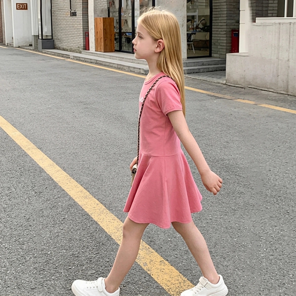 Girls Pink Bow Graphic A-Line Dress With Short Sleeves Casual Dresses