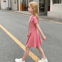 Girls Pink Bow Graphic A-Line Dress With Short Sleeves Casual Dresses