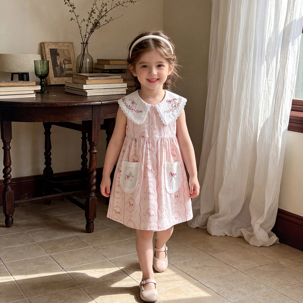 Girls Light Pink Printed Sleeveless A-Line Dress Casual Dresses