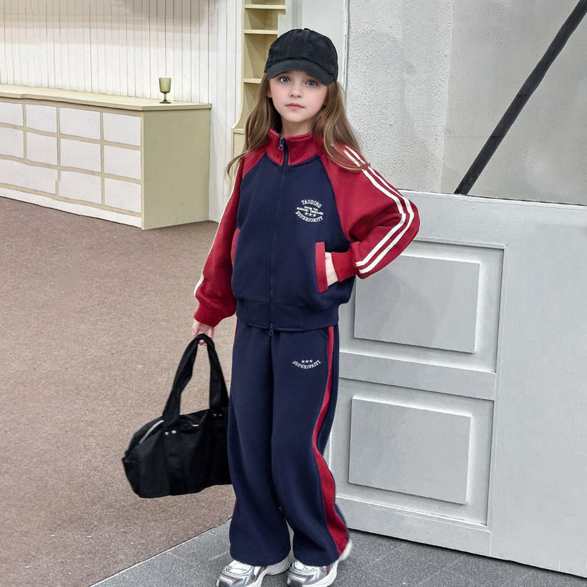 Girls Navy Blue Solid Front Zipper Jacket With Pant Winter Set 2 pc. Sets