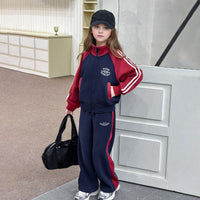 Girls Navy Blue Solid Front Zipper Jacket With Pant Winter Set 2 pc. Sets