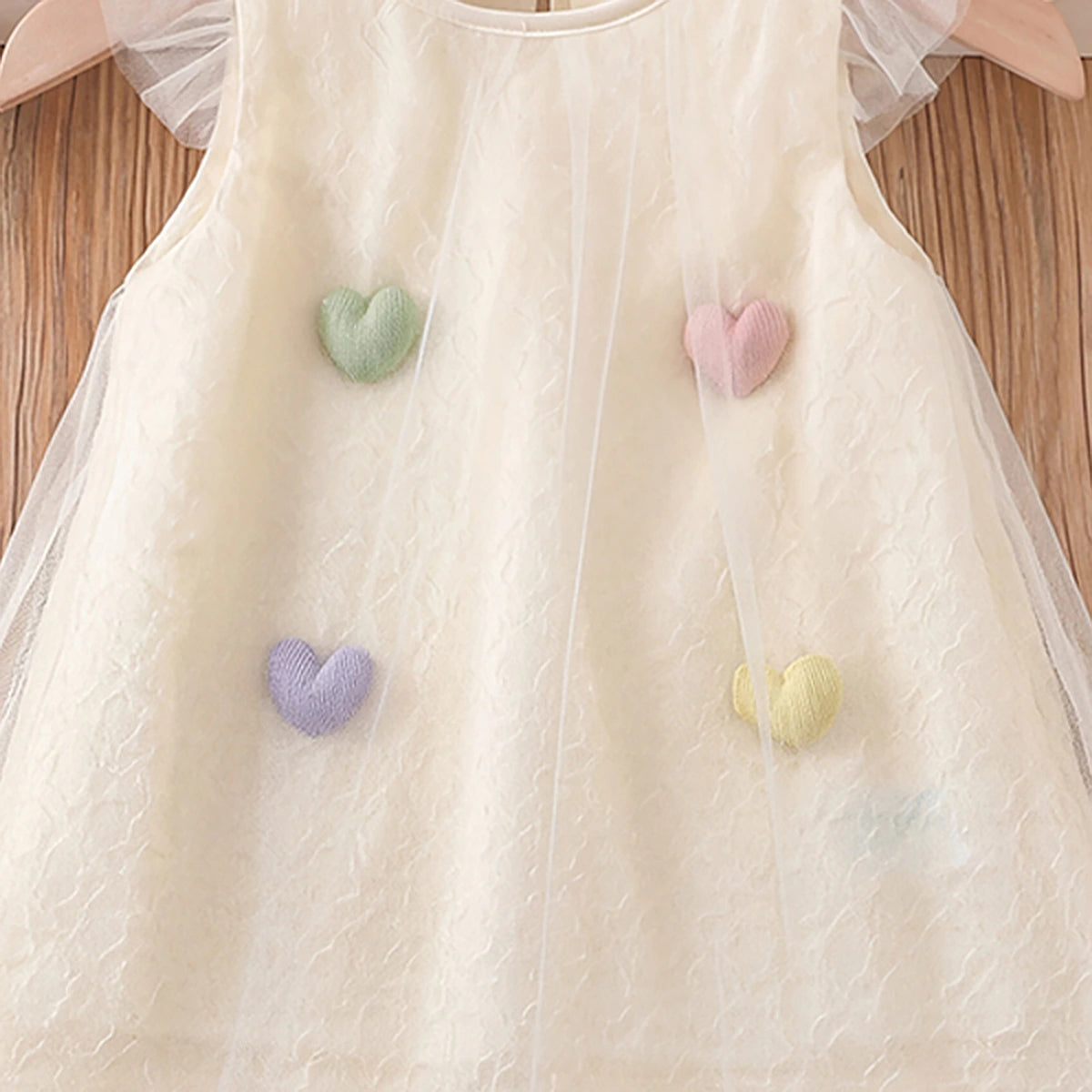 Girls Off White Heart Applique Flutter Sleeve Dress Casual Dresses
