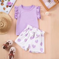 Girls Purple Solid Sleeveless Top With Heart Print Shorts Set Sets Purple 1-2 Y