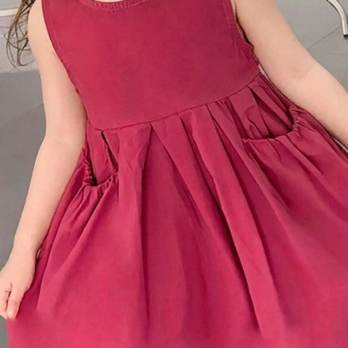 Girls Rich Magenta Pleated Sleeveless A-line Casual Dress Casual Dresses