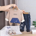 Boys Khaki Typographic Printed Sweatshirt With Denim Pants Set Sets Khaki 1-2 Y