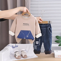 Boys Khaki Typographic Printed Sweatshirt With Denim Pants Set Sets Khaki 1-2 Y