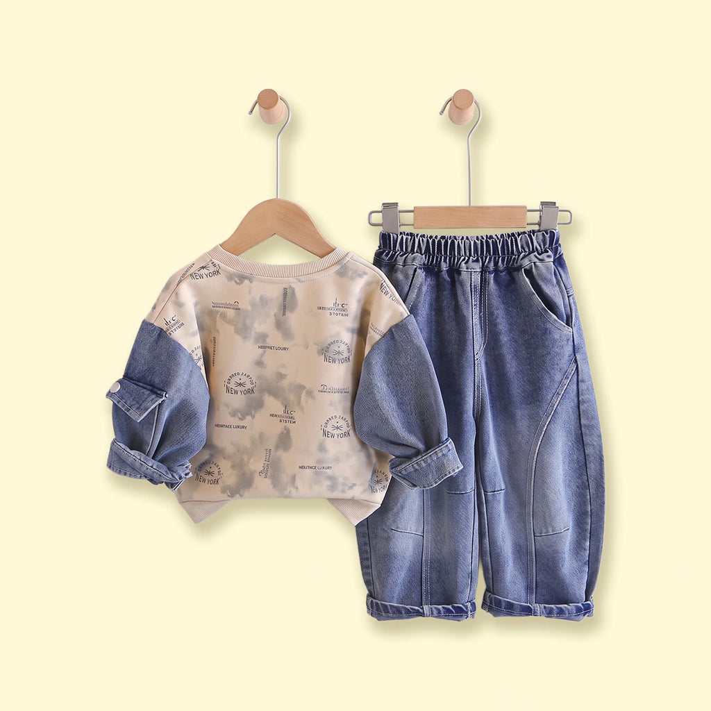 Boys Beige Typography Sweatshirt With Denim Pants Sets 2 pc. Sets