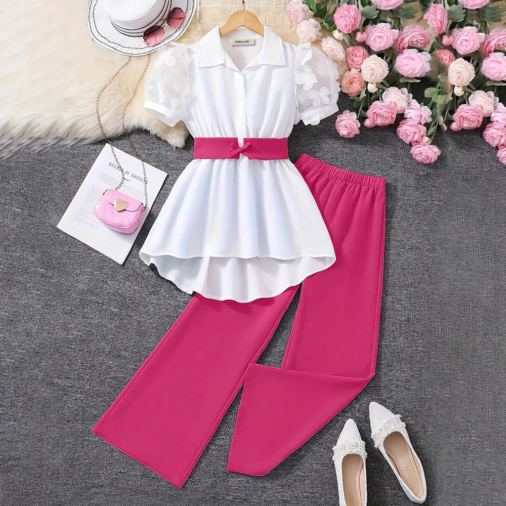 Girls White Floral Applique Puff Sleeves Peplum Top With Pants Set Sets White 7-8 Y