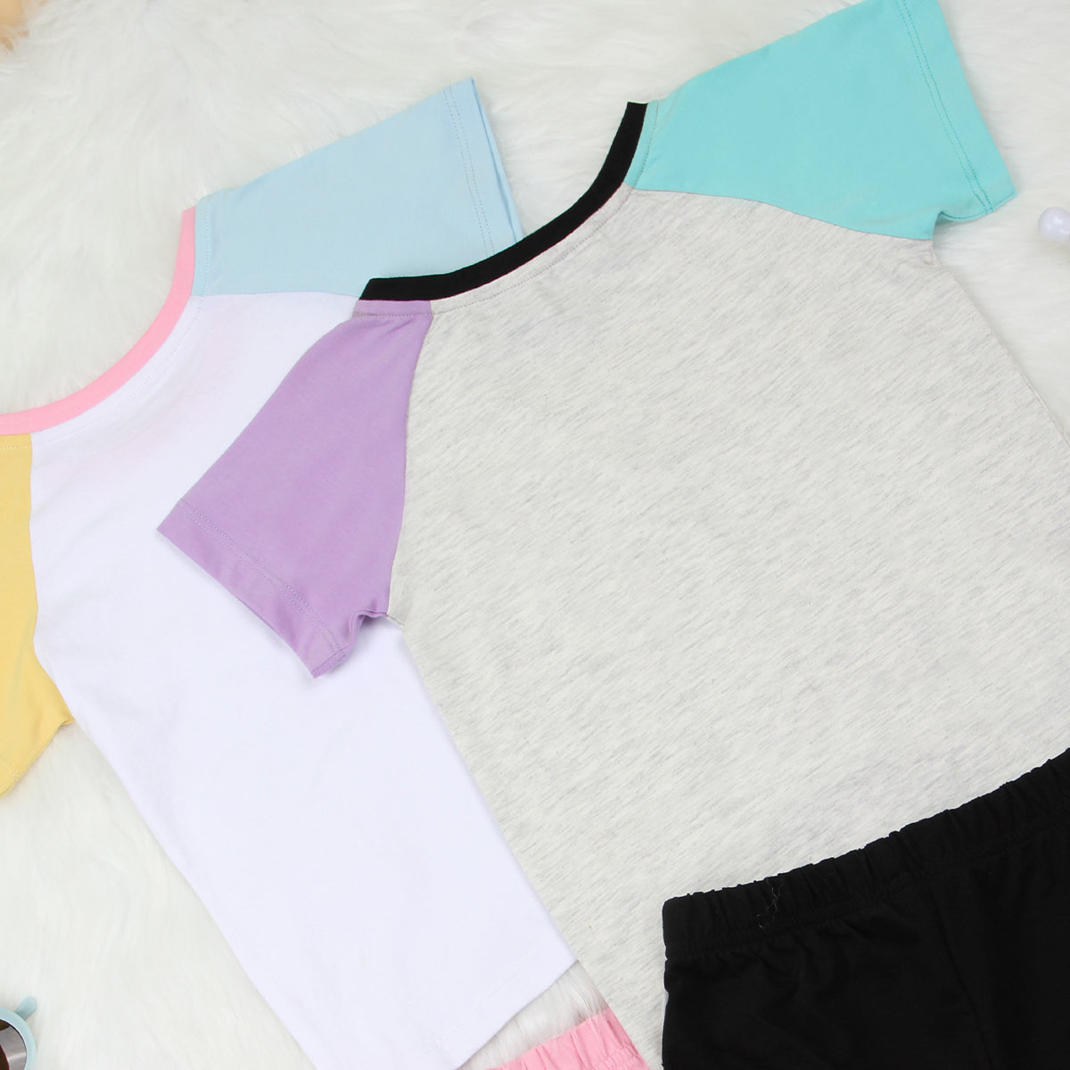 Girls Multicolor Color-blocked Raglan Sleeve T-Shirt With Sets - Pack of 2 Sets