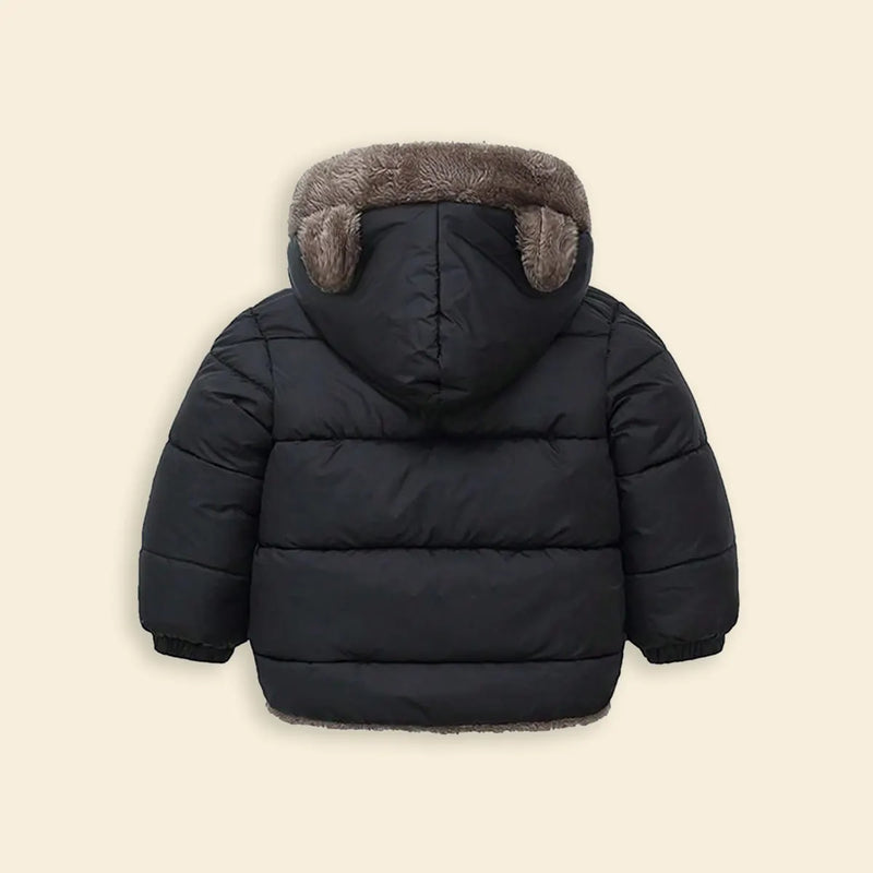 Boys Black Zip-up Puffer Jacket With Bear Ear On Hood Coats & Jackets