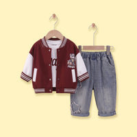 Boys Maroon Graphic Jacket With T-Shirt And Denim Pants Sets 3 pc. Sets Maroon 1-2 Y