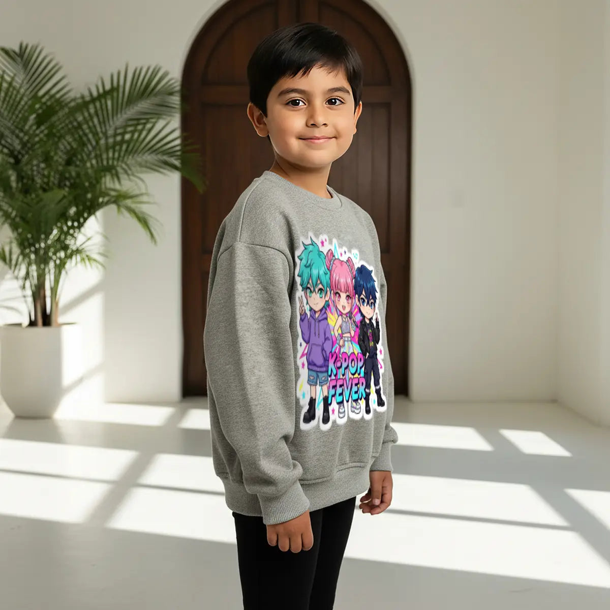 Boys Grey K -Pop Fever Graphics Crew-Neck Sweatshirt Sweatshirts & Hoodies