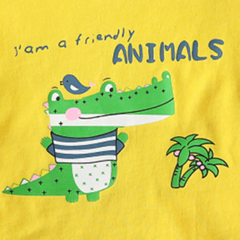 Boys Yellow Crocodile Cartoon Printed T-Shirt With Stripes Shorts Set Sets