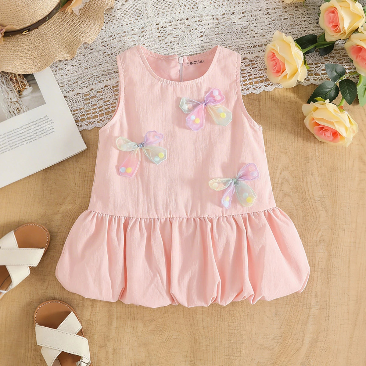 Girls Pink Butterfly Applique Flounce Hem A-line Dress Casual Dresses Pink 1-2 Y
