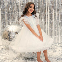 Girls White Ruffle Tulle Mullet Dress with Statement Back Bow Party Dresses