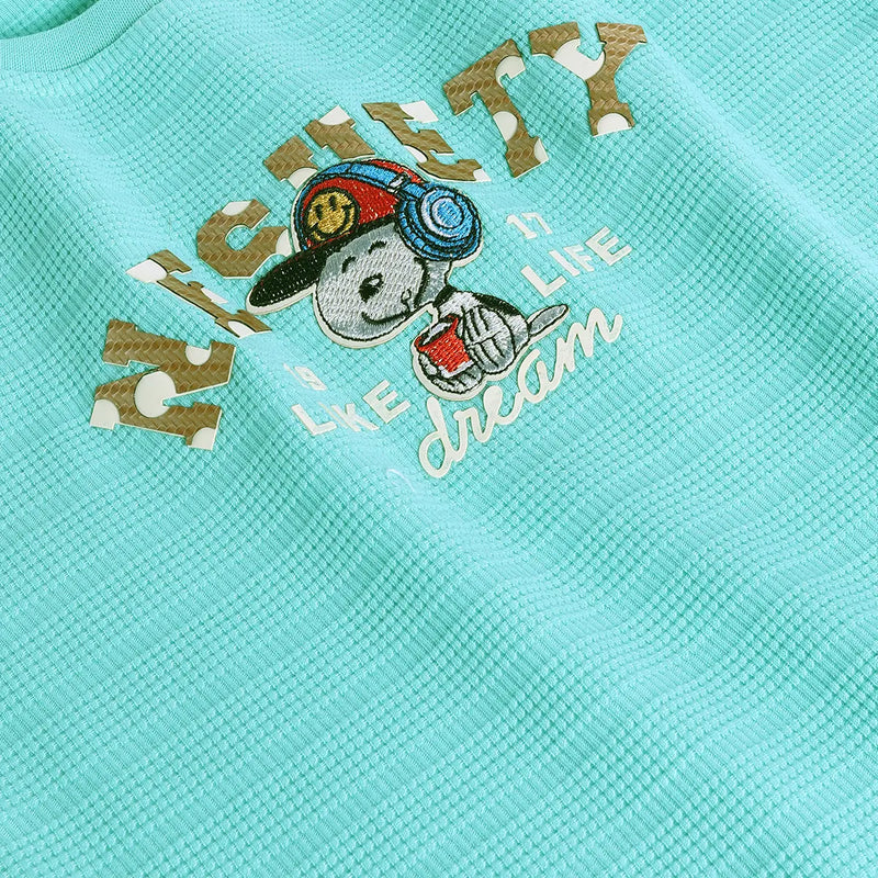 Boys Sea Green Typographic Printed Short Sleeve T-shirts With Elasticated Shorts Sets Sets