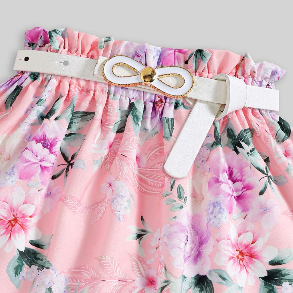 Girls Caps Sleeve Top With Floral Printed Skirt & Belt 3 pc. Sets   