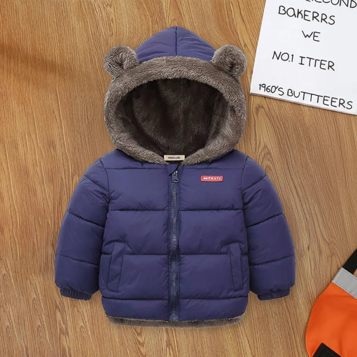Boys Navy Blue Zip-up Puffer Jacket With Bear Ear On Hood Coats & Jackets Navy Blue 1-2 Y