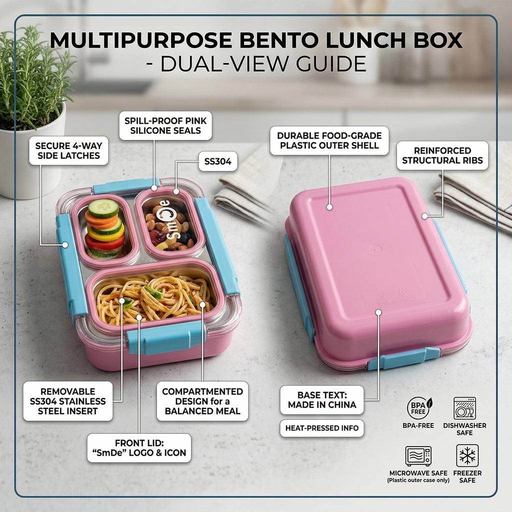 Kids Pink Smart Meal Leakproof 3-Section Lunch Box Trending Accessories