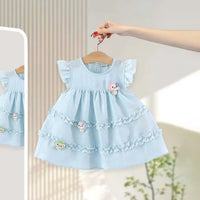 Girls Light Blue Mushroom Applique Round Neck Tiered Dress Casual Dresses Light Blue 1-2 Y