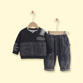 Boys Black Typographic Sweatshirt With Denim Pants Sets 2 pc. Sets Black 1-2 Y