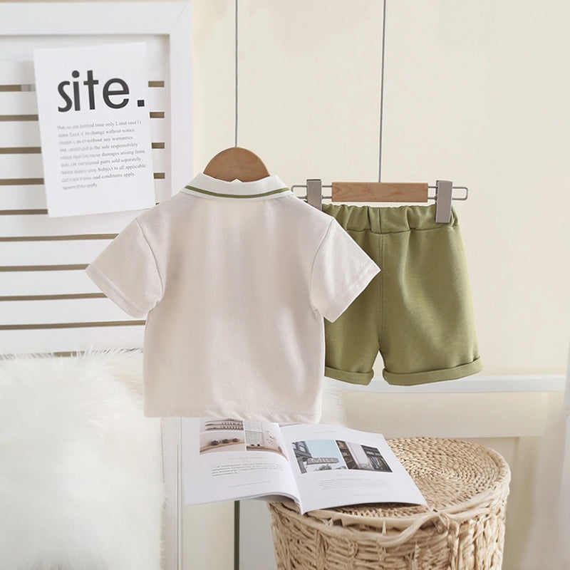 Boys Light Green Bear Applique Polo T-Shirt With Elasticated Shorts Sets 2 pc. Sets