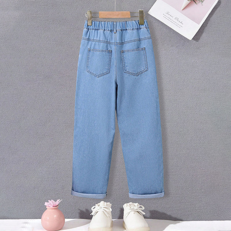 Girls Light Blue Heart Embroidered Denim Pants Jeans
