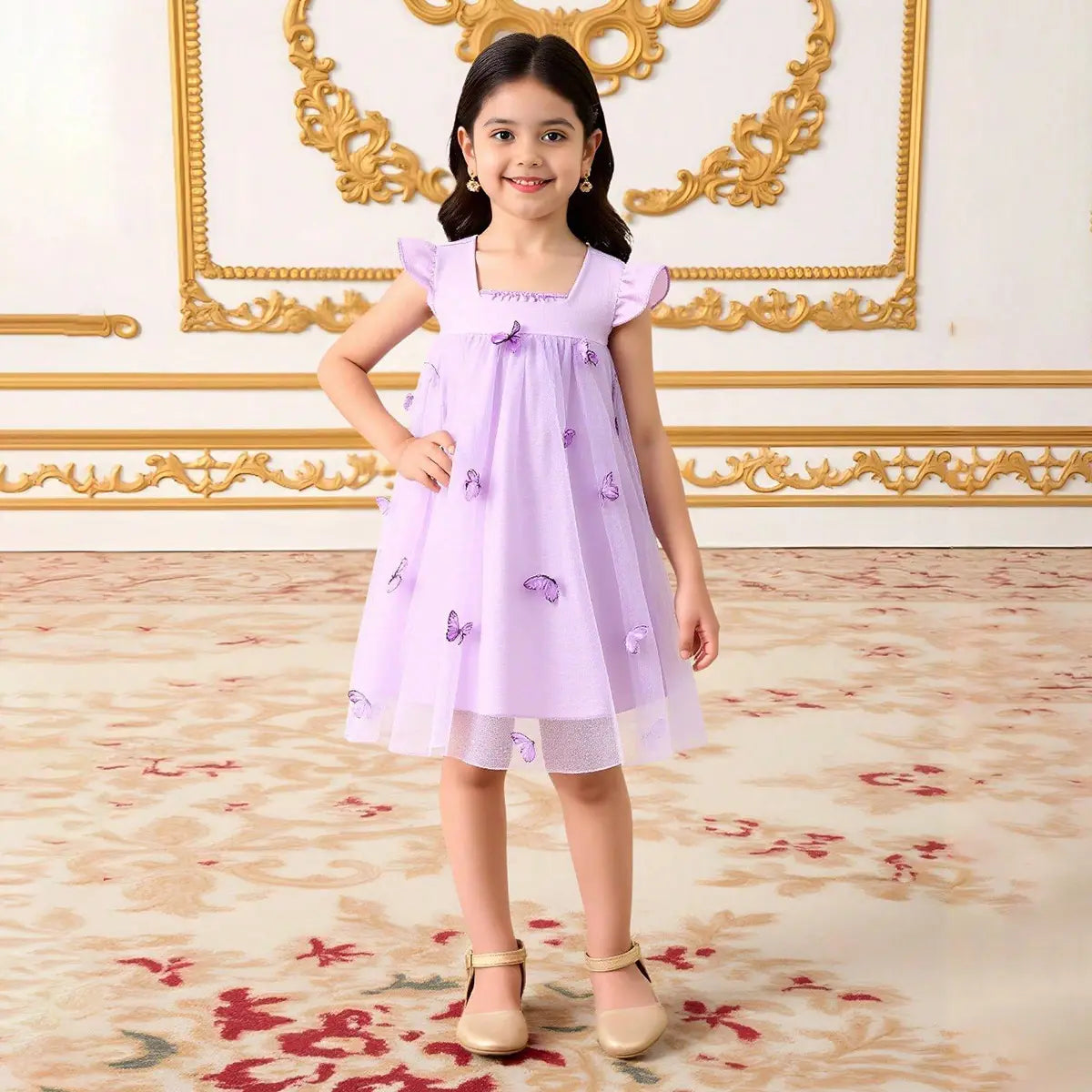 Girls Lavender Butterfly Applique A-line Dress Casual Dresses