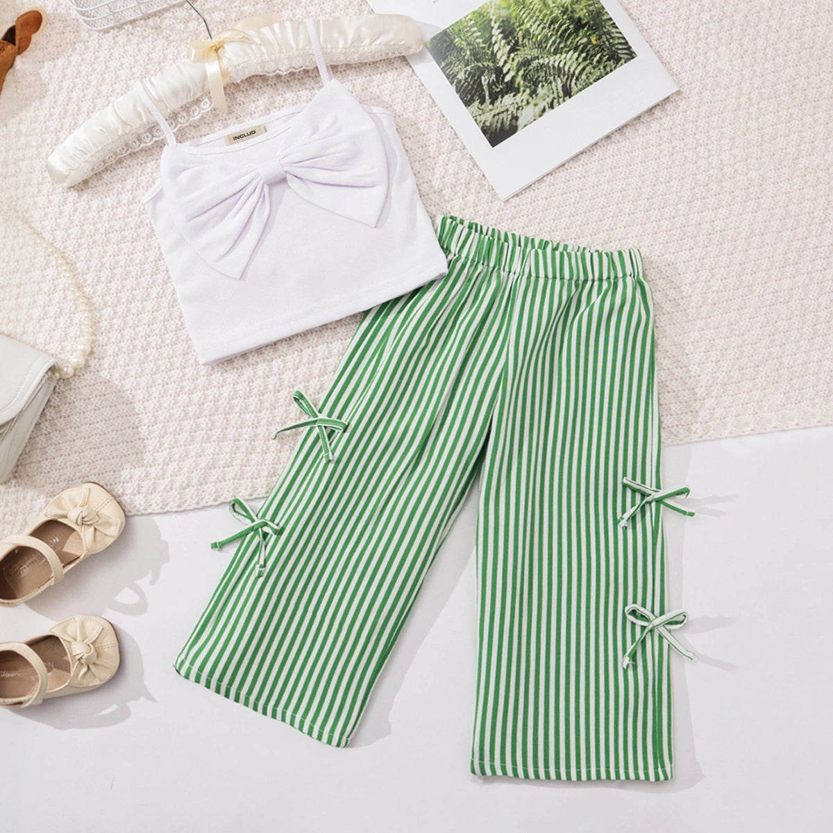 Girls Sleeveless Bow Applique Top With Green Stripes Pants Set Sets Green 1-2 Y