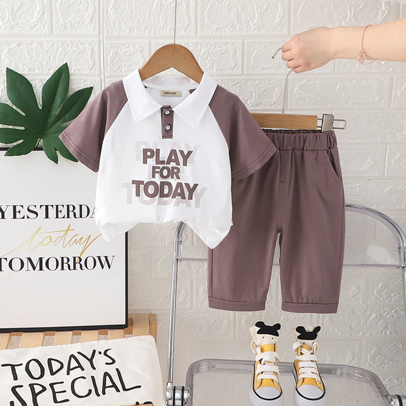 Boys Light Grey Typographic Printed Short Sleeves Polo T-Shirt With Pants Set 2 pc. Sets