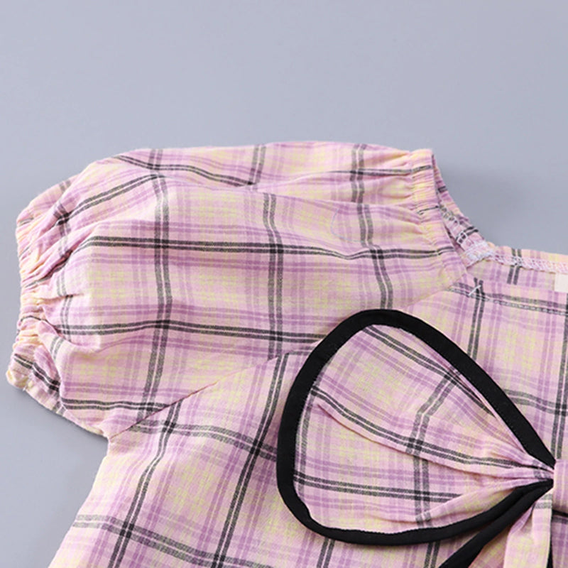 Girls Pink Checked Big Bow Applique Top With Pleated Shorts Set Sets