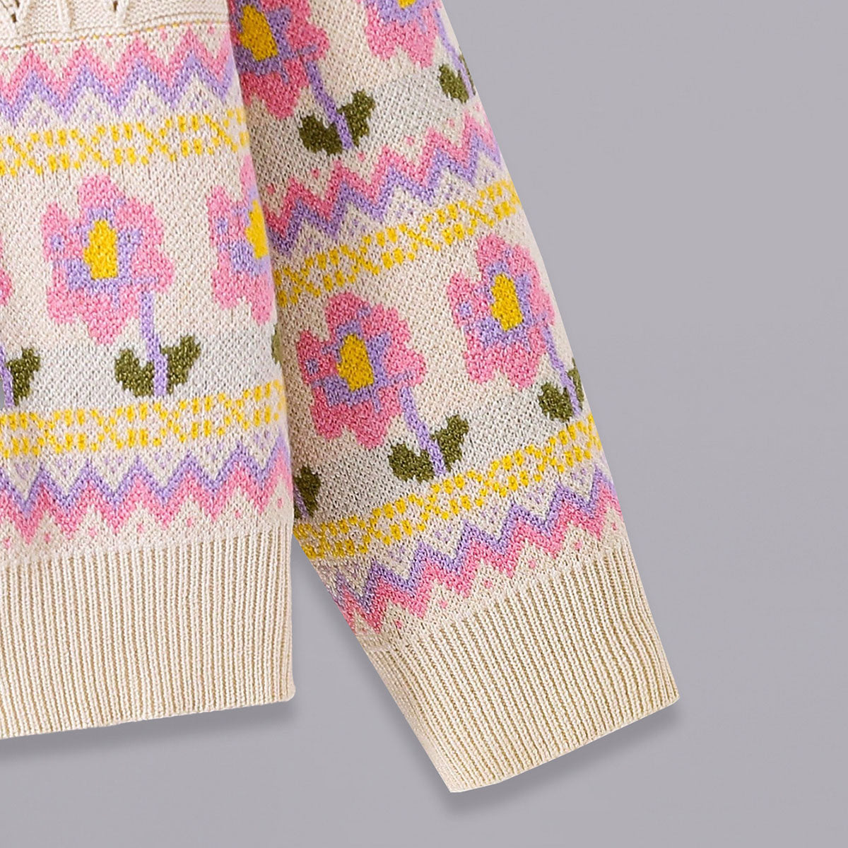 Girls Cream Floral Pattern Shirt Collar Pullover Sweaters & Cardigans