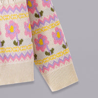 Girls Cream Floral Pattern Shirt Collar Pullover Sweaters & Cardigans