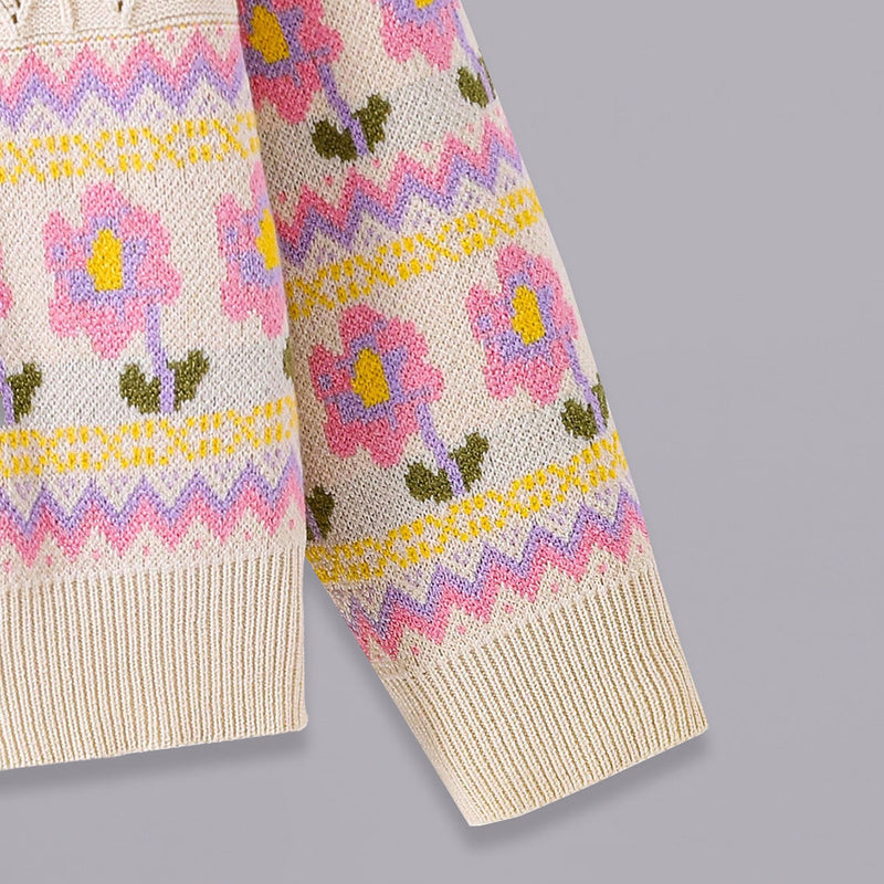Girls Cream Floral Pattern Shirt Collar Pullover Sweaters & Cardigans