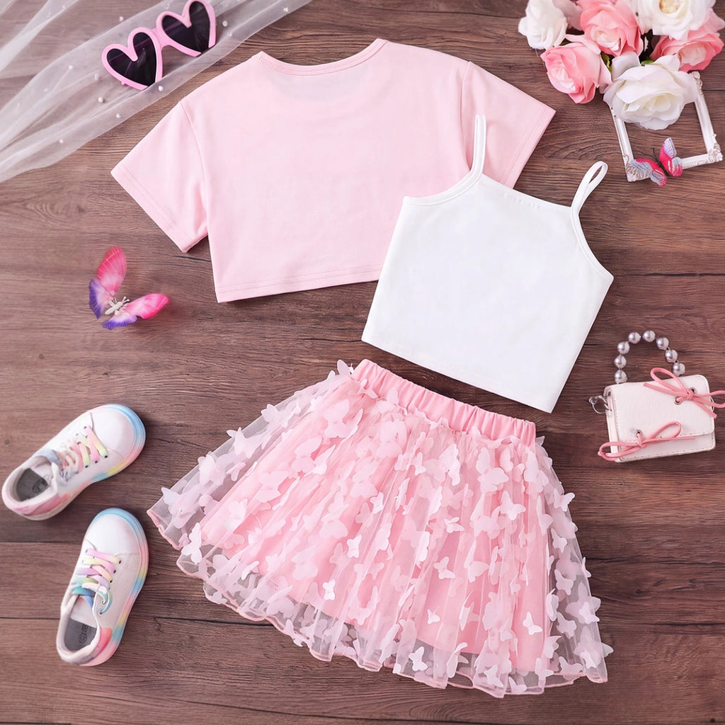 Girls Pink Short Sleeve Shrug With Cami Top & Butterfly Applique Skirt Sets 3 pc. Sets