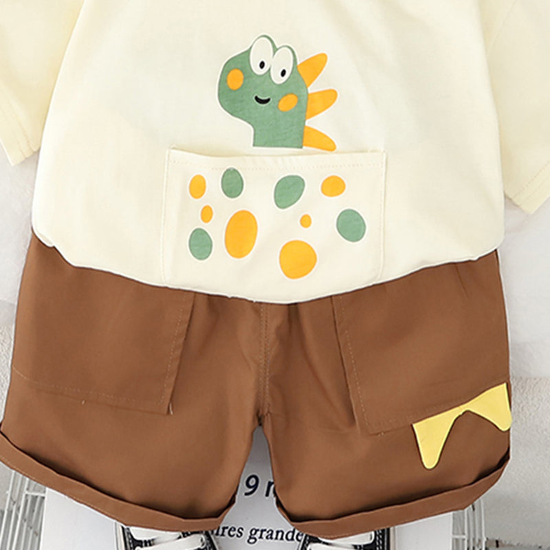 Boys Graphic Printed Pouch Pocket T-Shirt With Brown Shorts Set 2 pc. Sets