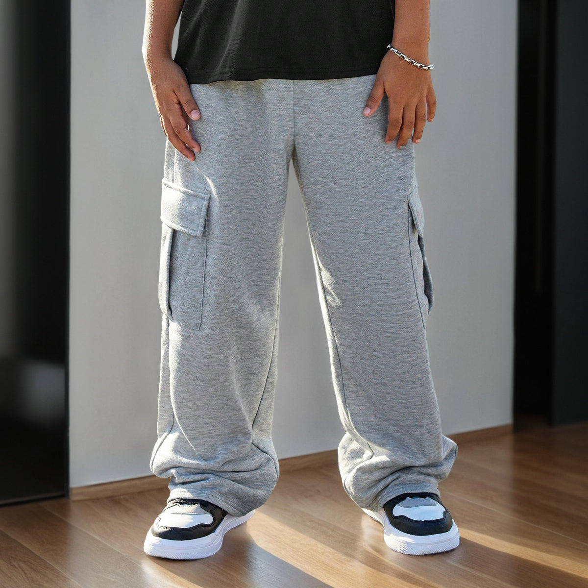 Boys Grey Knitted Straight Fit Cargo Pants Cargo Pants