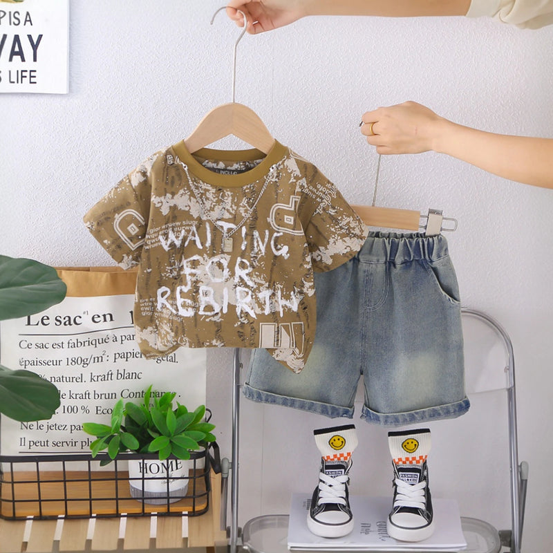 Boys Muted Olive Typographic Print T-Shirt With Denim Shorts Set Sets Olive 1-2 Y
